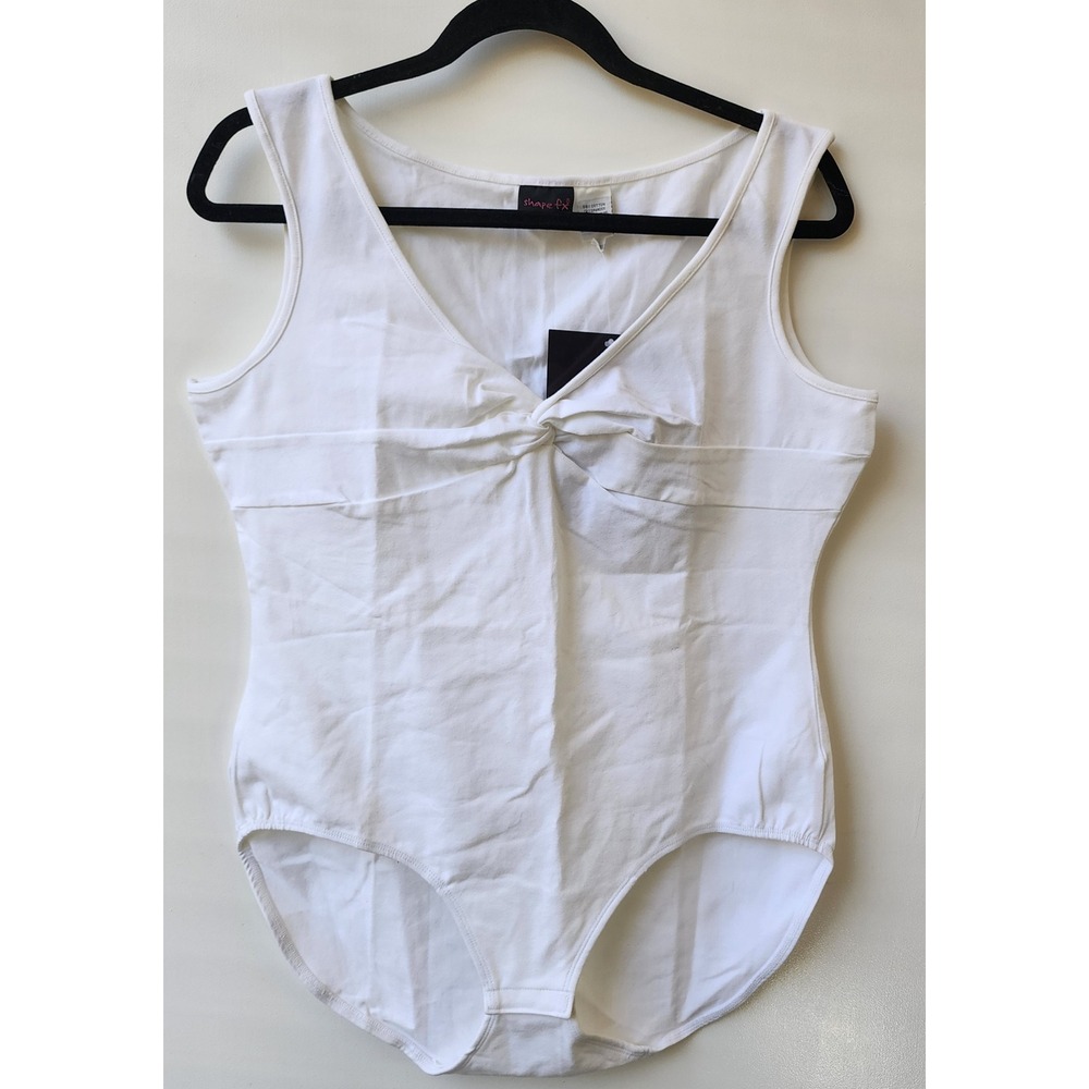 Shape Fx White Twist Front V-Neck Sleeveless Bodysuit Snap Gusset NEW